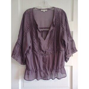 Daniel Rainn amethyst boho blouse L crochet semi-sheer peasant pullover top